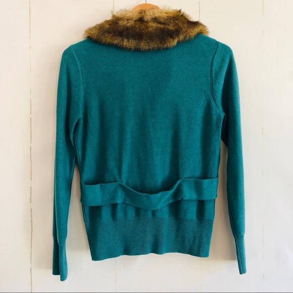 CAbi #3018 Tearoom Teal Cardigan with Faux Fur - Picture 5 of 8